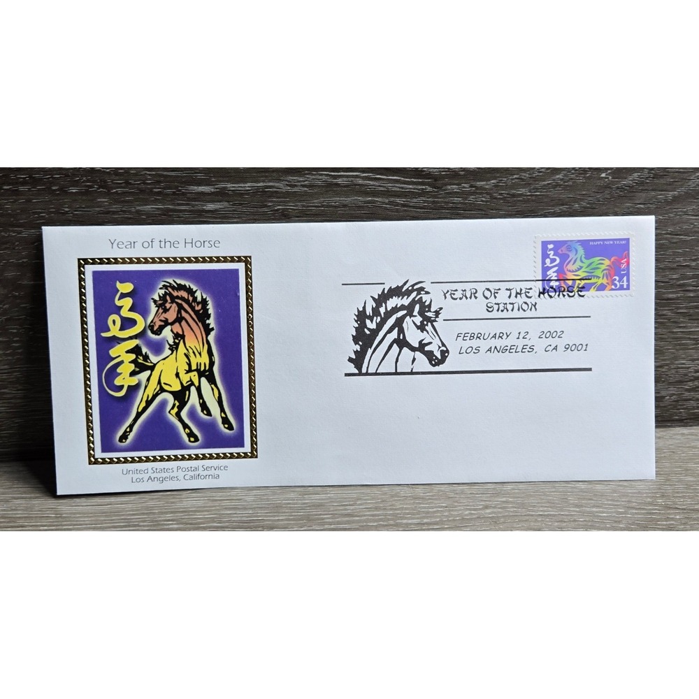 USPS Year of the Horse 2002 34c Stamp Los Angeles Pictorial Cancel Cachet Cover